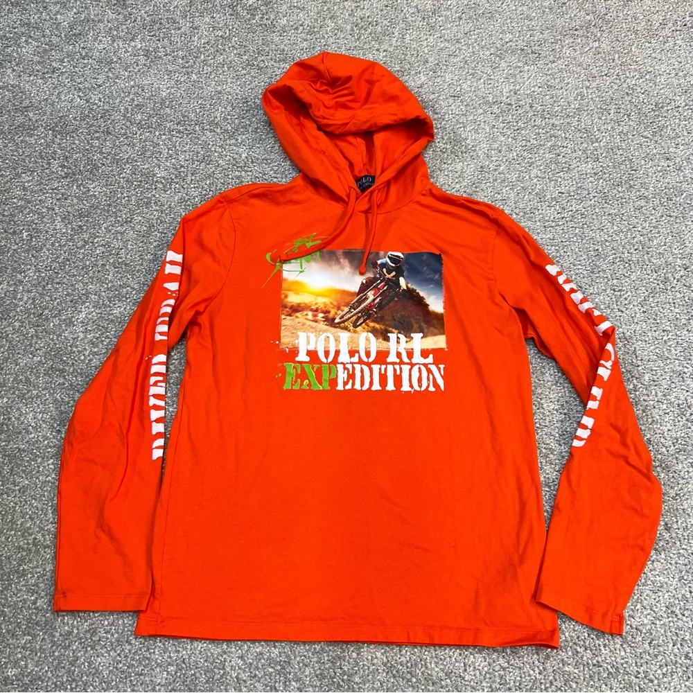 Polo Ralph Lauren Shirt Men’s Small Orange Expedition Long Sleeve Hooded Jersey